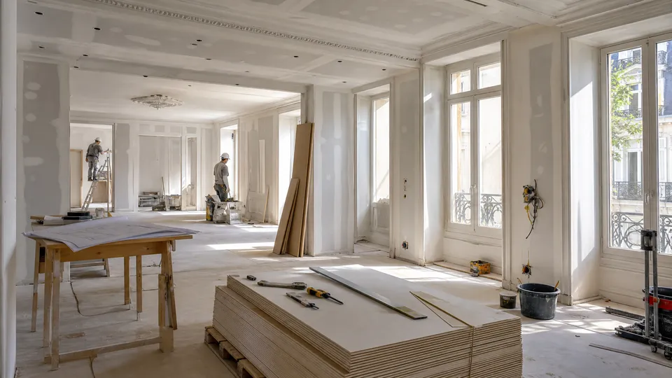 Chantier de rénovation intérieure coordonné et lumineux